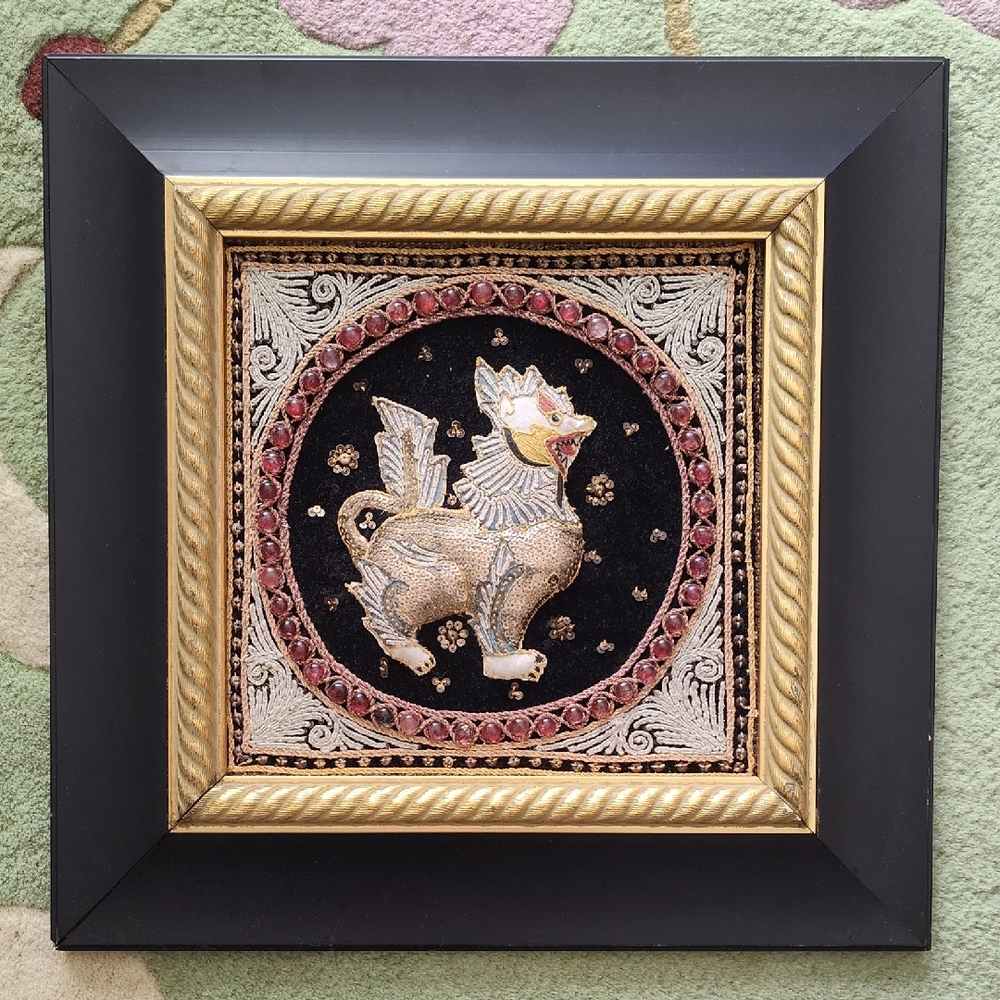 Framed Mythical Temple lion Fabric And Bead Art